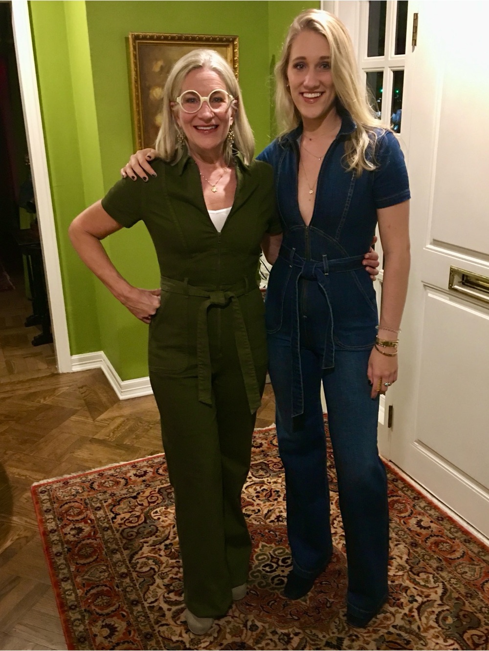 Alice + Olivia Olive Green Short-Sleeve Stretchy Denim Bell Bottom Jumpsuit - Picture 1 of 11